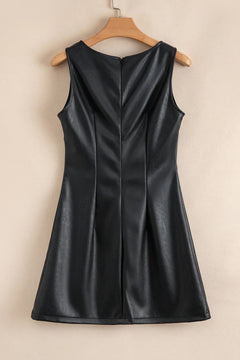 Black Faux Leather Sleeveless Round Neck Mini Dress