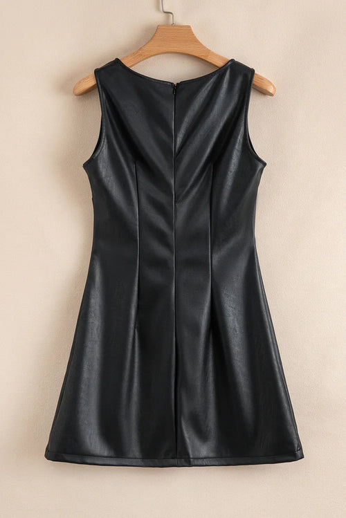 Black Faux Leather Sleeveless Round Neck Mini Dress