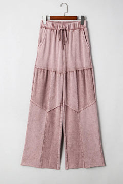 Mineral Wash Tiered Wide Leg Patchwork Drawstring Pants