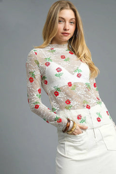 Umgee Floral Mock Neck Long Sleeve Sheer Top