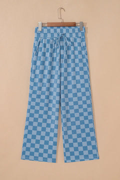 Sky Blue Tie Elastic Waist Checkered Loose Pants