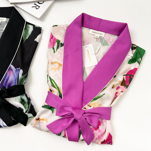 Pink Flower Print Purple Silky Satin Robe With Belt