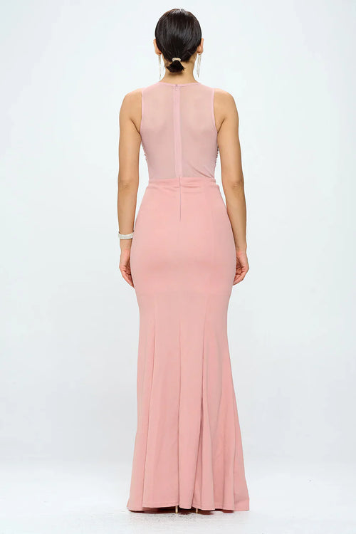 DEEP V NECK RHINESTONED FLOOR LENGTH MAXI DRESS