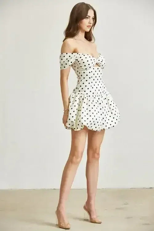 Polkadot Satin Off-Shoulder Bubble Dress