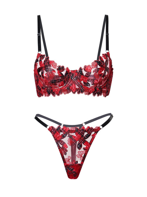 Red Tartan Flower Lingerie Set