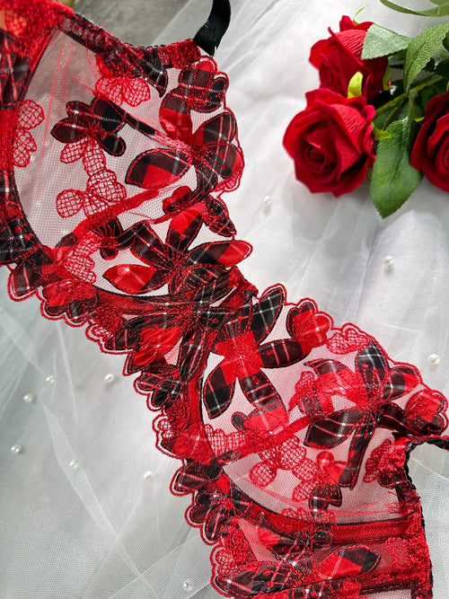 Red Tartan Flower Lingerie Set