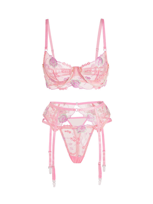 Pink Floral Embroidery Pearl Chain Lingerie Set
