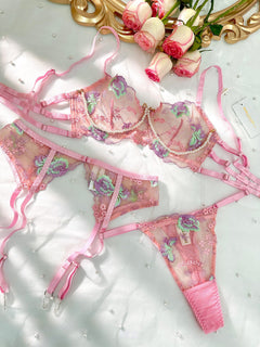 Pink Floral Embroidery Pearl Chain Lingerie Set