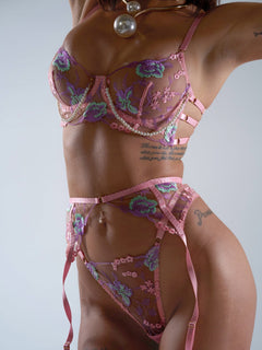 Pink Floral Embroidery Pearl Chain Lingerie Set