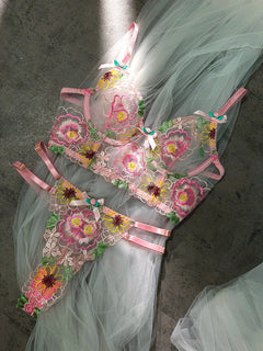 Pink Floral Embroidery Lingerie Set