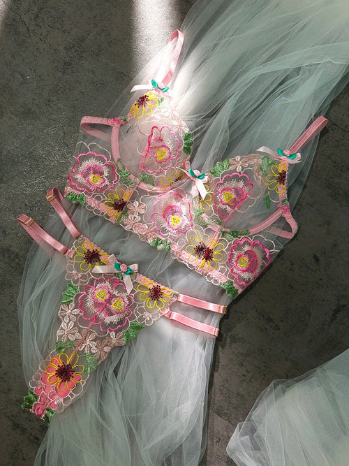 Pink Floral Embroidery Lingerie Set