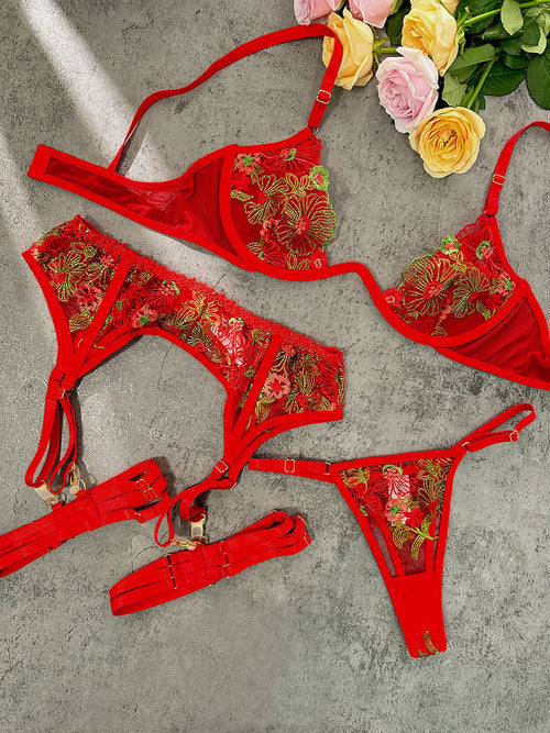 Red Flowers Mesh Sheer Lingerie Set