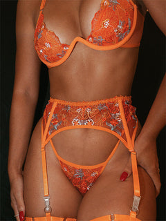 Orange Flowers Embroidered Mesh Sheer Lingerie Set