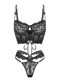 Black Pearls Small Flower Lace Lingerie Set