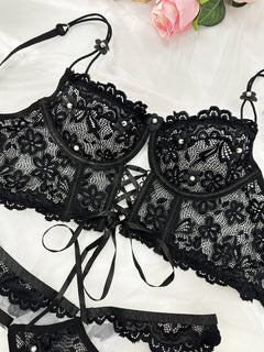 Black Pearls Small Flower Lace Lingerie Set
