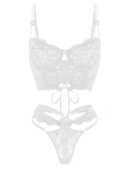 White Pearls Small Flower Lace Lingerie Set