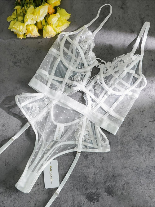 White Solid Elegant Embroidered Lace Bodysuit