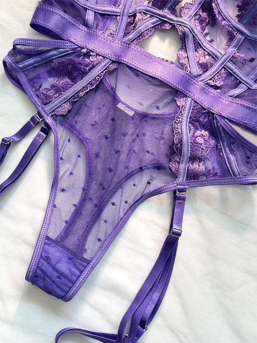 Purple Solid Elegant Embroidered Lace Bodysuit