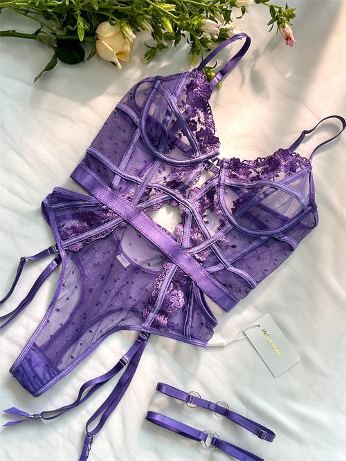 Purple Solid Elegant Embroidered Lace Bodysuit