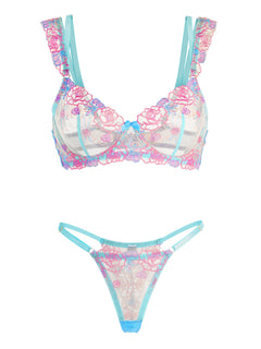 Blue Butterfly Bow Colorful Embroidered Flower Lingerie Set