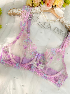 Purple Butterfly Bow Embroidered Flower Lingerie Set