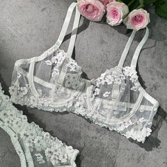 White Cherry Blossoms Sheer Lace Lingerie Set