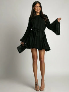 2025 Elegant Pleated Mini Dress - Flared Sleeve Lace-Up Summer Dress | Femstylo