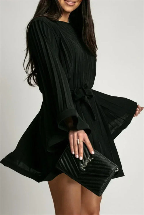 2025 Elegant Pleated Mini Dress - Flared Sleeve Lace-Up Summer Dress | Femstylo
