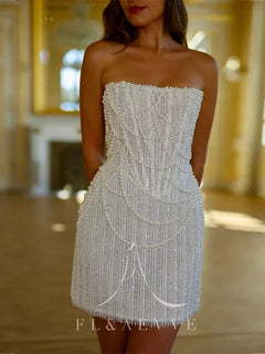 Custom Pearl Beaded Wedding Dress - Strapless Mini Gown | Femstylo
