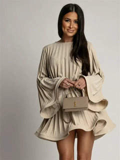 2025 Elegant Pleated Mini Dress - Flared Sleeve Lace-Up Summer Dress | Femstylo