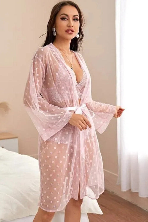 French Dot Mesh Bridal Robe and Bra Set