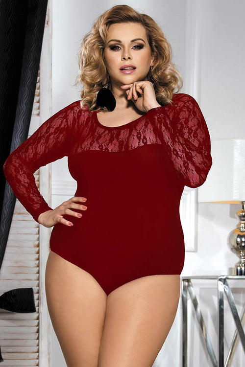 Plus Size Stretch Long Sleeve Lace Bodysuit