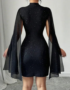 Elegant Cape-Sleeve Dress - 2025 Office Lady Pearl Chiffon Party Dress