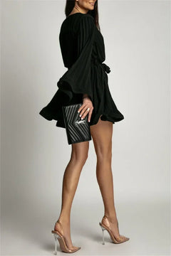 2025 Elegant Pleated Mini Dress - Flared Sleeve Lace-Up Summer Dress | Femstylo