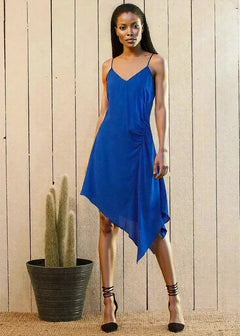 Solid Asymmetrical Hem V-neck Dress in Blue