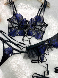 Black&Blue Lace Tie Adjustable Sculpting Body Lingerie Set