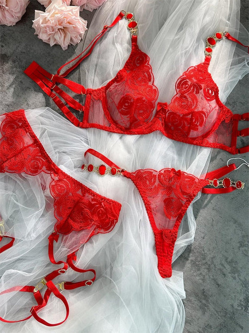 Red Embroidered Sexy Push Up Lingerie Set