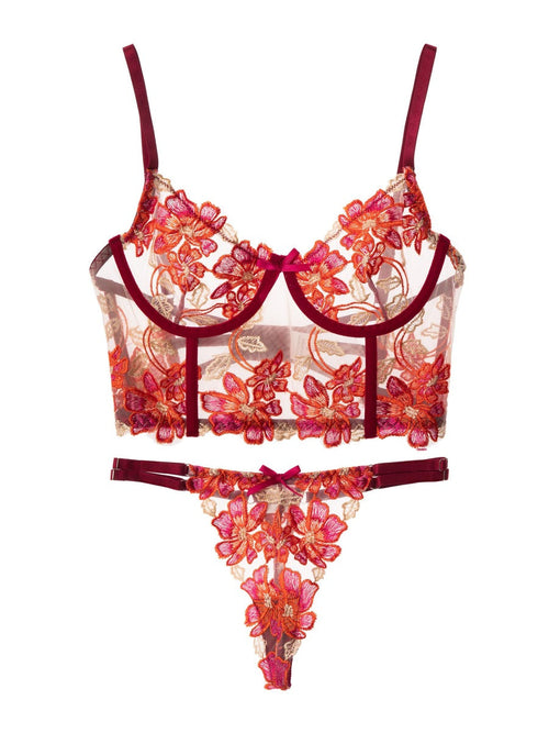 Red Floral Embroidery Bustier Straps Lingerie Set
