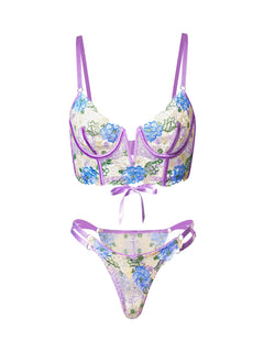Purple Florals Embroidery Bustier Lingerie Set