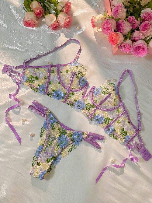 Purple Florals Embroidery Bustier Lingerie Set