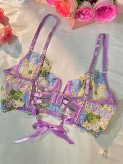 Purple Florals Embroidery Bustier Lingerie Set