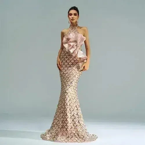 “Champagne Glam” Halter Mermaid Dress – Luxury for Elite Occasions