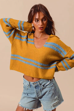 SO ME Fuzzy Hairy Stripe Deep U Neck Swetaer