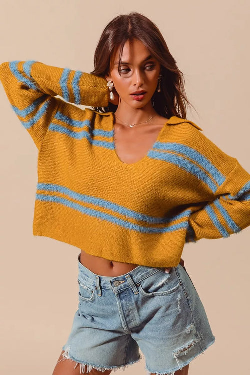 SO ME Fuzzy Hairy Stripe Deep U Neck Swetaer