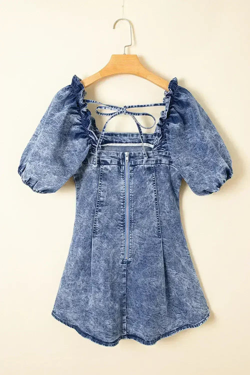Blue Frill Square Neck Puff Sleeve Backless Denim Dress
