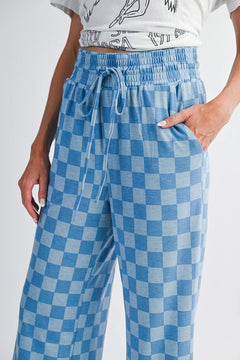Sky Blue Tie Elastic Waist Checkered Loose Pants