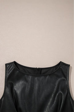Black Faux Leather Sleeveless Round Neck Mini Dress