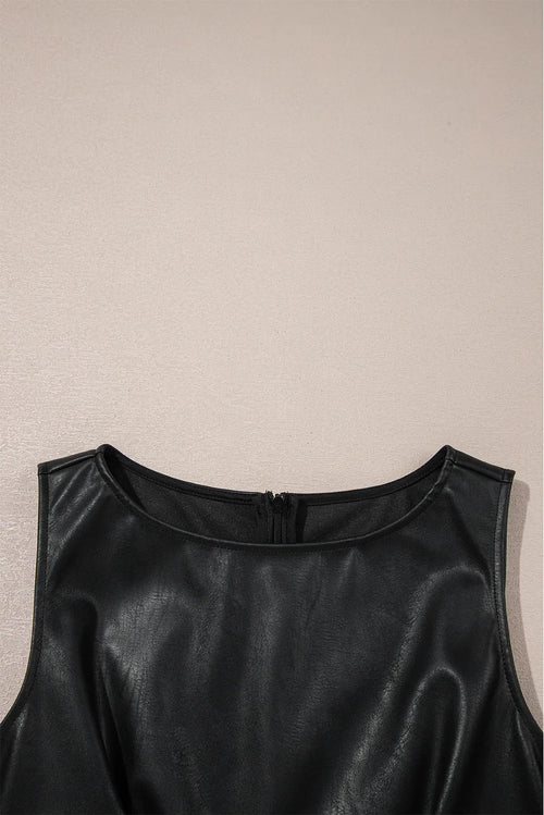 Black Faux Leather Sleeveless Round Neck Mini Dress