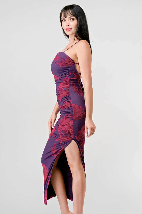 FLORAL PRINT MESH SIDE SLIT DRAWSTRING BACK SLITTED BODYCON MIDI DRESS