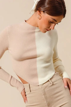 SO ME Color Block Fitted Crop Sweater Top